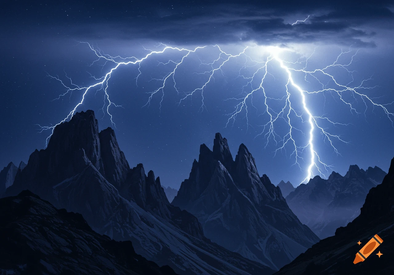 A dramatic lightning bolt illuminates jagged mountain peaks under a dark, stormy night sky.