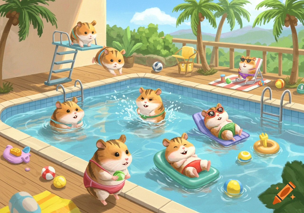 Cute cartoon hamsters swim and relax in a sunny outdoor swimming pool with palm trees.