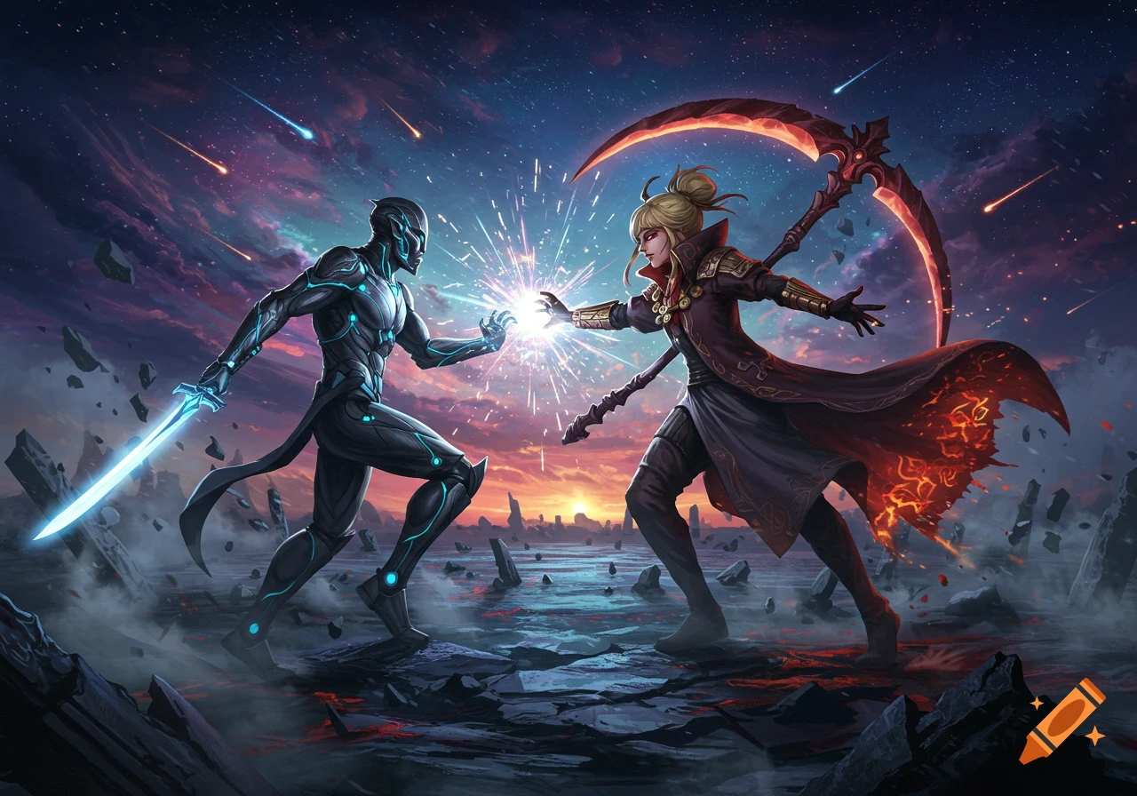 Two characters, one in futuristic armor and one with a scythe, engaged in a magical battle under a starry, meteor-filled sky.