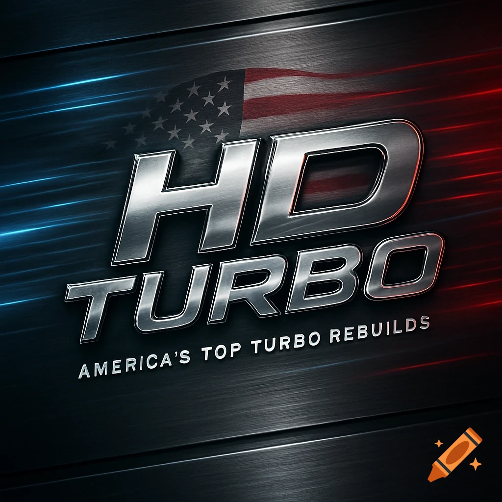 Metallic 'HD TURBO' logo with 'AMERICA'S TOP TURBO REBUILDS' on a brushed metal background with red and blue light and a faded American flag.
