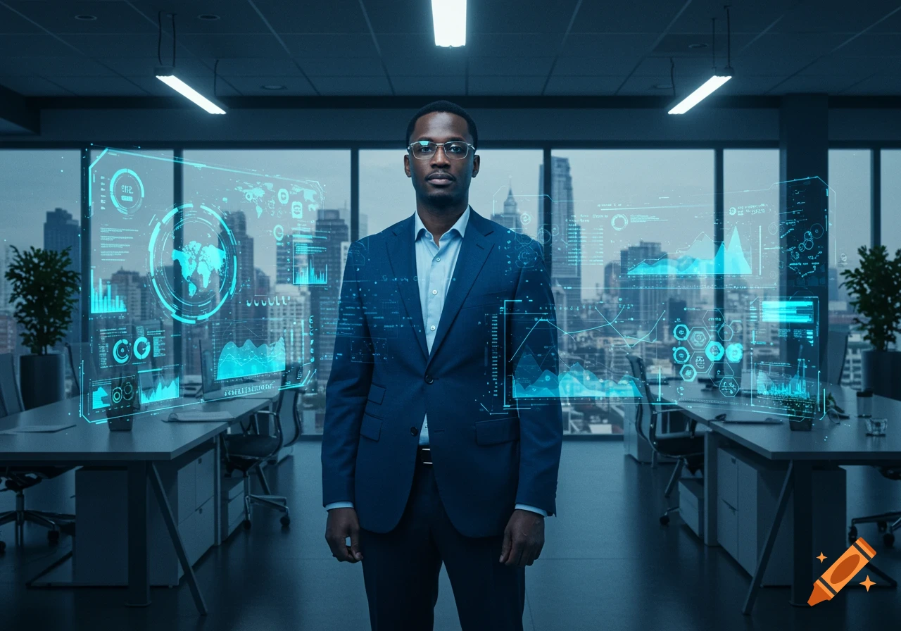 A Black man in a blue suit stands in a modern office with glowing holographic tech data screens and a city skyline.