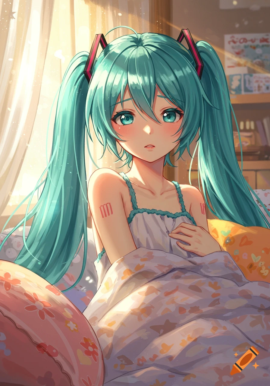 Anime illustration of Hatsune Miku with messy teal pigtails, wearing a white camisole and covered by a blanket in bed, in warm morning light.