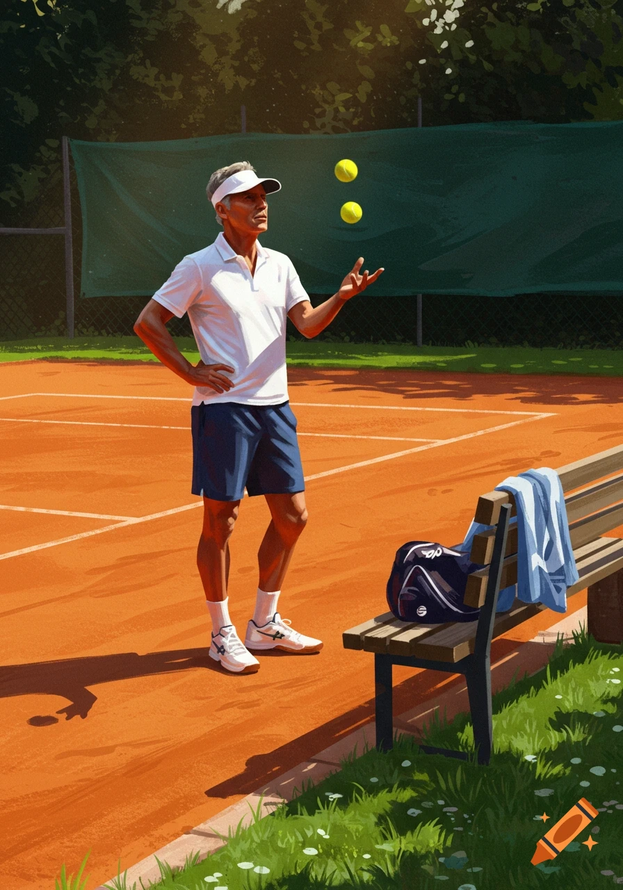 An illustrated man, dressed as a tennis coach, stands on a clay court looking at two floating tennis balls.