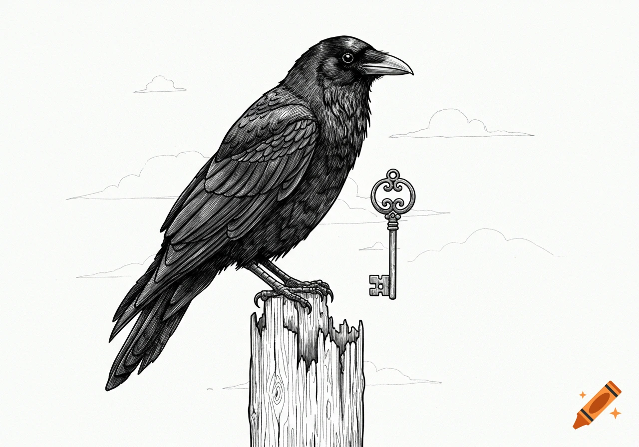 A black and white line drawing of a crow perched on a wooden post with an antique key floating beside it.