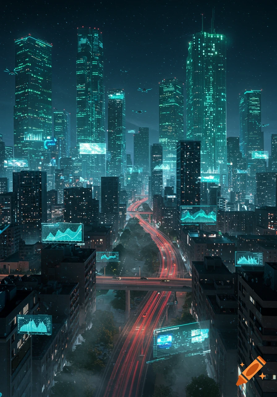 A futuristic cityscape at night with glowing skyscrapers, red light trails on a highway, and holographic data displays.