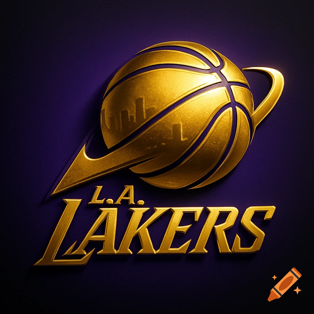 A gold and purple 3D L.A. Lakers logo with a basketball featuring a city skyline, set against a dark purple background.