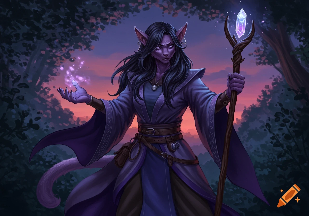 Purple-furred cat-like cleric in purple robes with a crystal staff and magic in a forest at sunset.