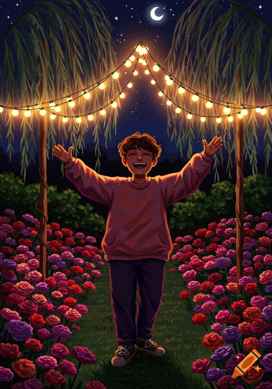 A happy boy with outstretched arms stands in a rose garden at night, illuminated by string lights under a crescent moon. Illustration style.