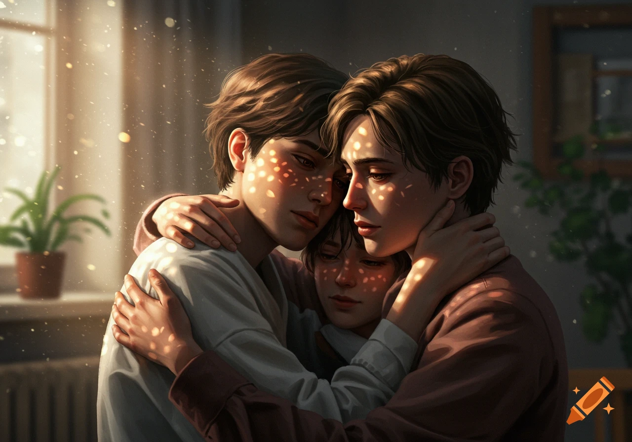 Digital painting of three young adults embracing lovingly in a sunlit room, dappled light on their faces.