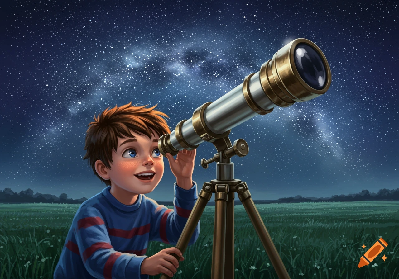 A smiling boy with freckles looks through a telescope at a starry night sky in an open field, illustration.