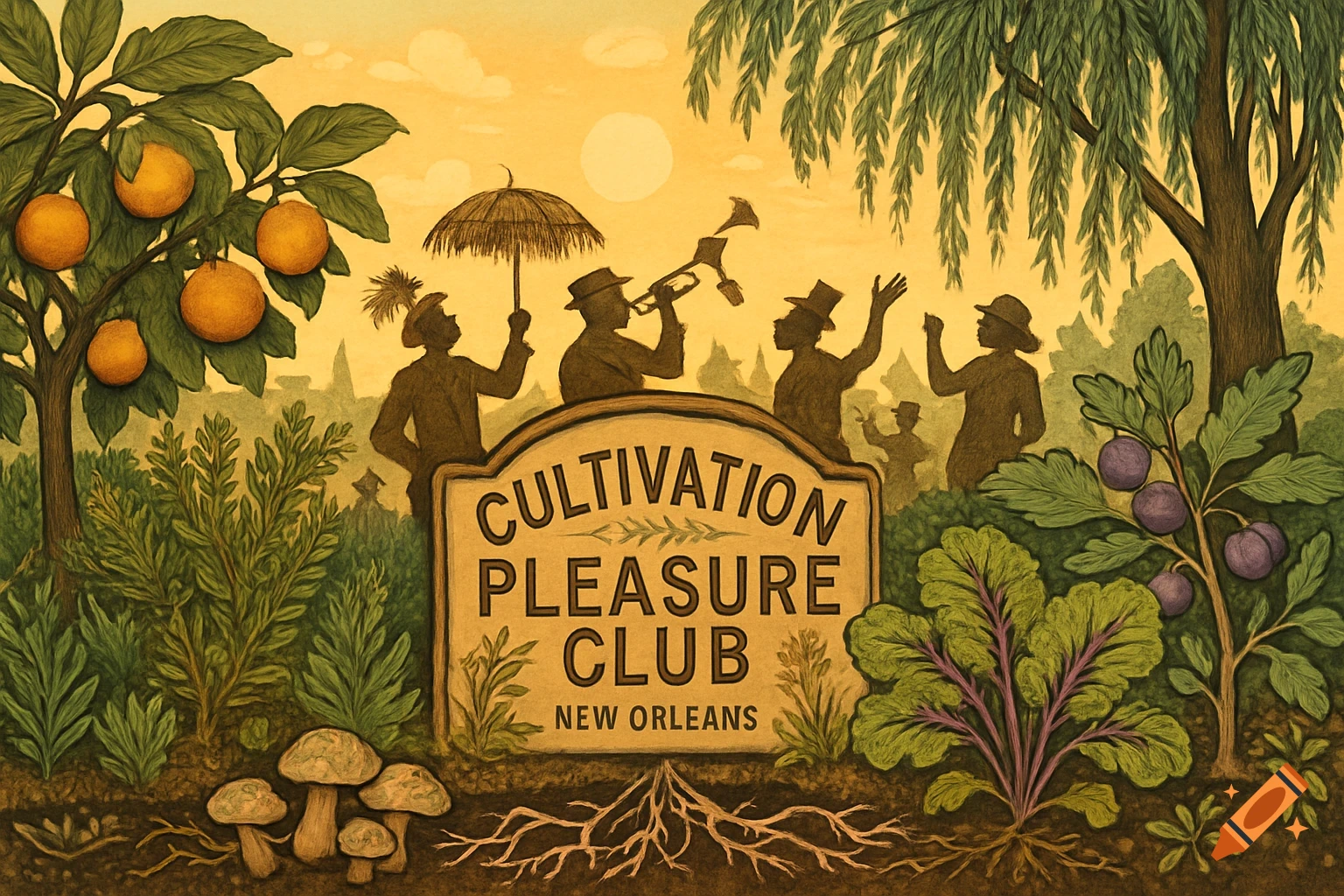 An illustration of silhouetted figures, including musicians, under trees, gathered around a sign that reads "Cultivation Pleasure Club New Orleans," surrounded by plants, mushrooms, and exposed roots in a warm, earthy palette.