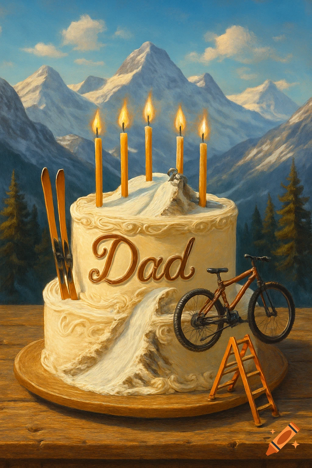 A painted birthday cake with 'Dad' written on it, lit candles, skis, a bike, and a ladder, set against a mountain landscape.