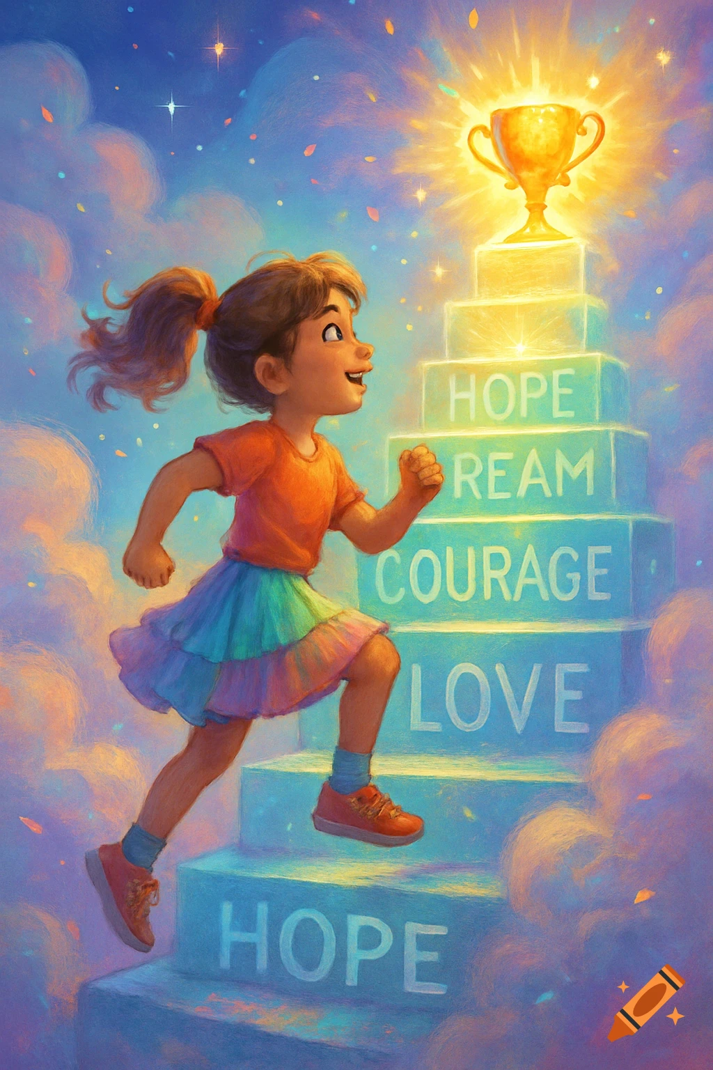 A smiling cartoon girl in an orange shirt and rainbow skirt runs up steps made of glowing words like 'HOPE' and 'COURAGE' towards a golden trophy in a starry, cloudy sky.