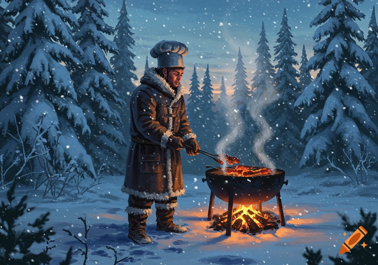 A chef in a warm coat and hat grills food on a barbecue in a snowy winter forest with falling snow and a warm fire.