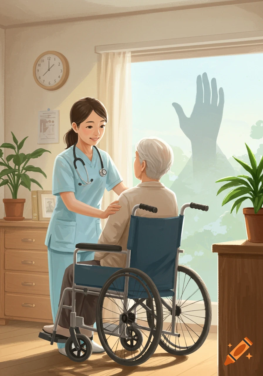 A nurse assists an elderly patient in a wheelchair by a window with a large hand-shaped shadow outside, in a warm illustration.