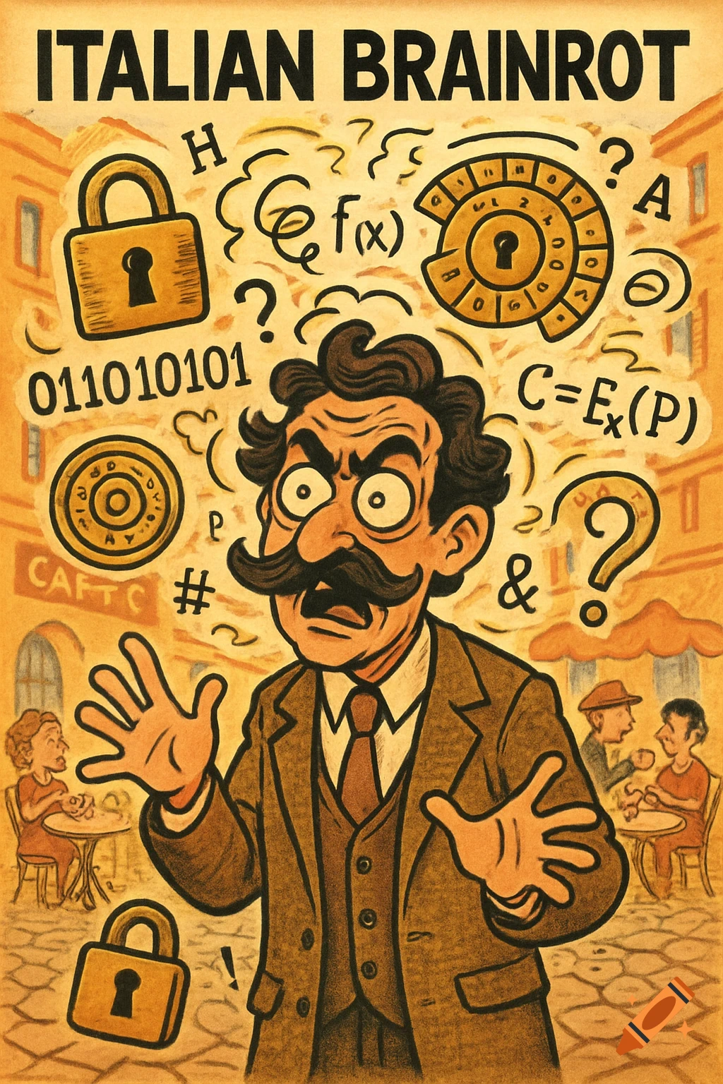 A cartoon man in a suit with a mustache looks bewildered, surrounded by locks, binary code, math equations, and question marks under the title 'ITALIAN BRAINROT' in a vintage style.