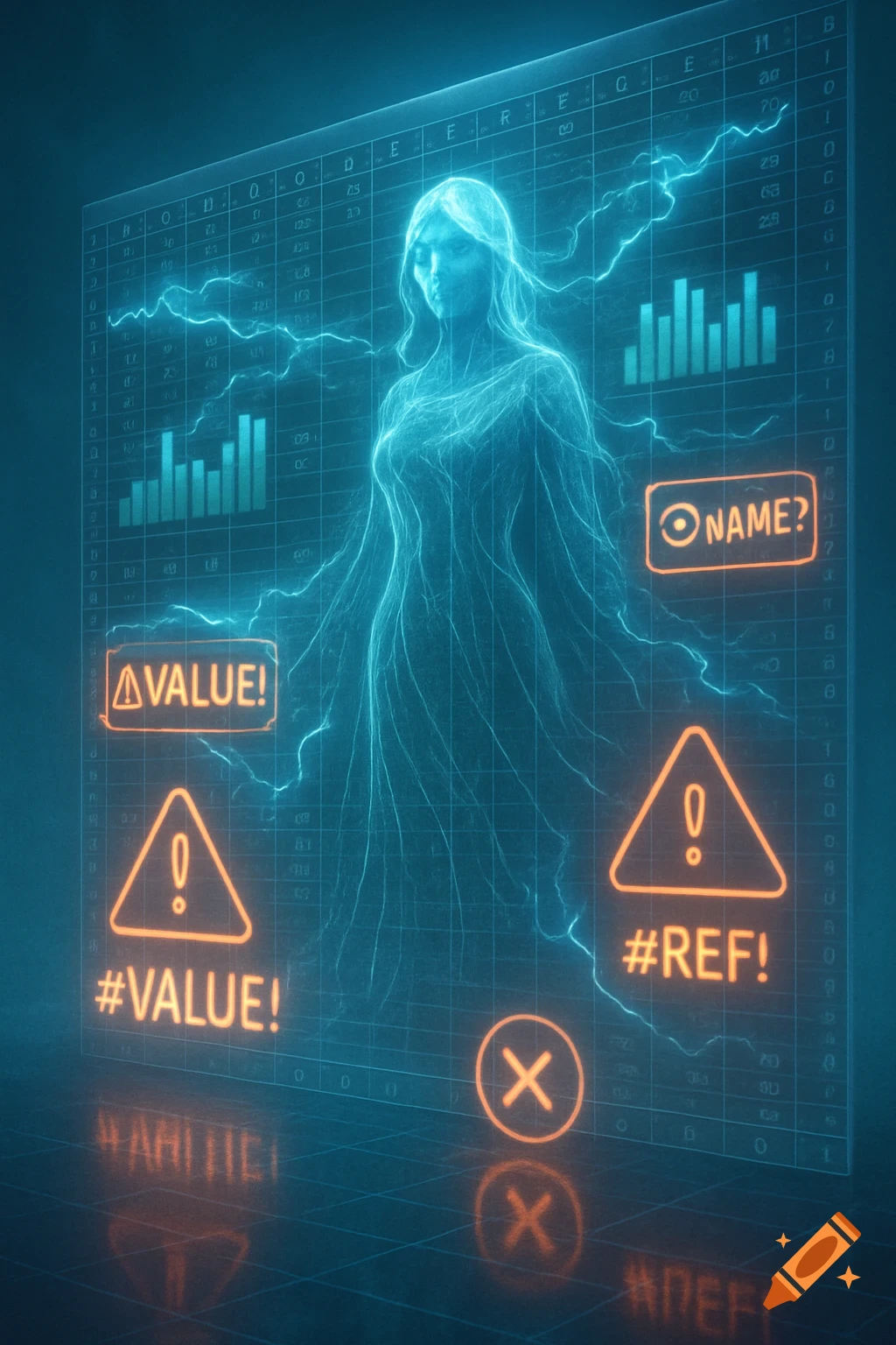 A glowing, ethereal blue woman with flowing hair stands over a massive digital spreadsheet displaying orange error messages like #VALUE!, #REF!, O NAME?, and bar charts.
