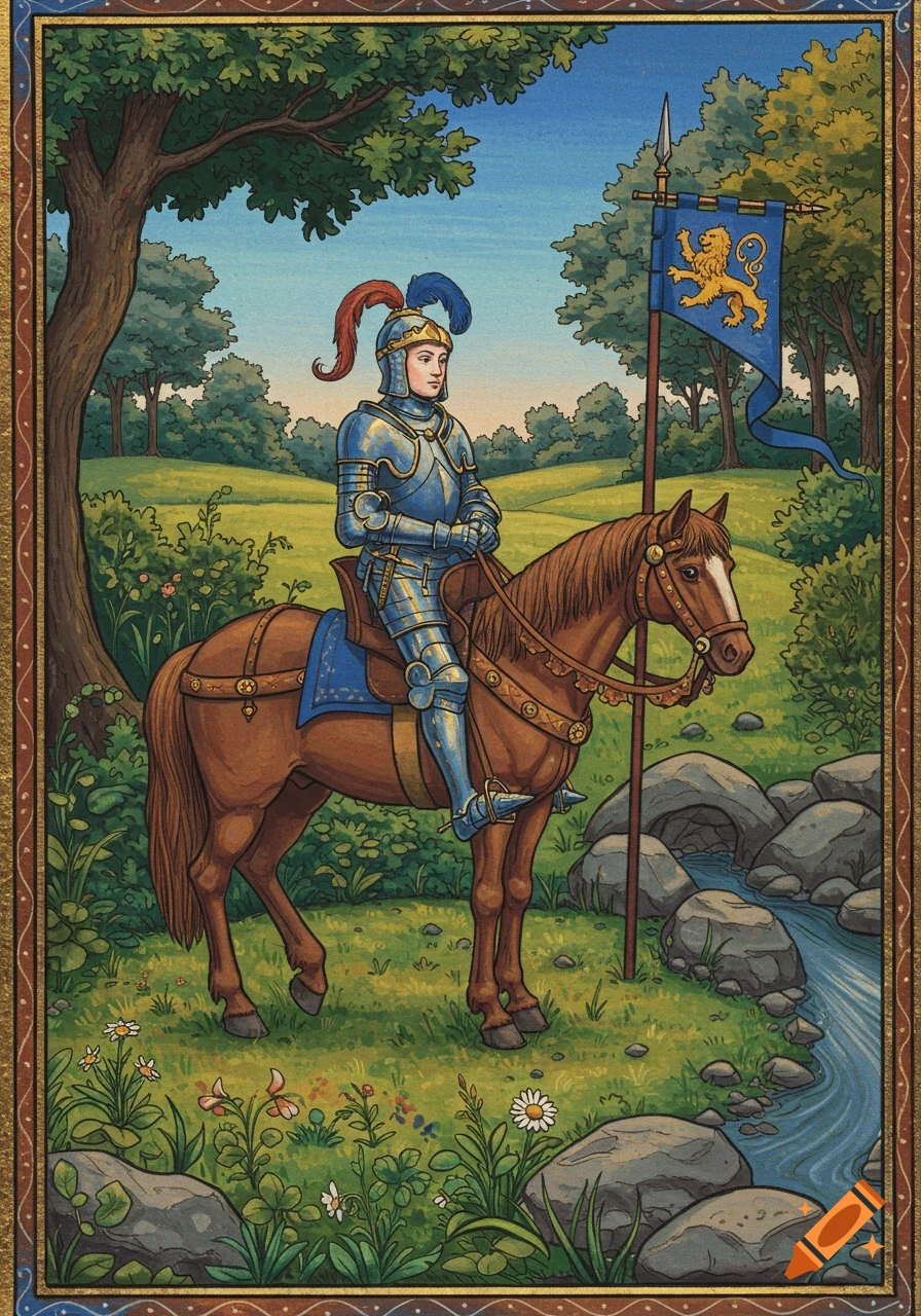 A knight in blue and gold armor rides a brown horse in a green field with a blue banner displaying a golden lion, in a medieval illustration style.