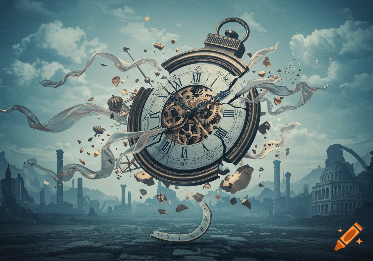 A large, broken pocket watch with exposed gears floats amidst crumbling debris and ribbons over a desolate, ruined city under a cloudy sky, in a surreal style.