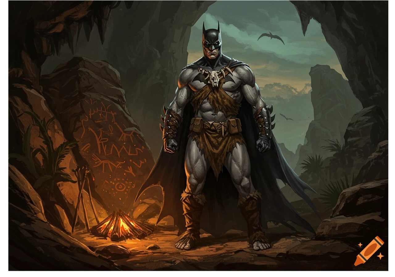Muscular Batman in a caveman outfit stands in a prehistoric cave with a campfire and petroglyphs.