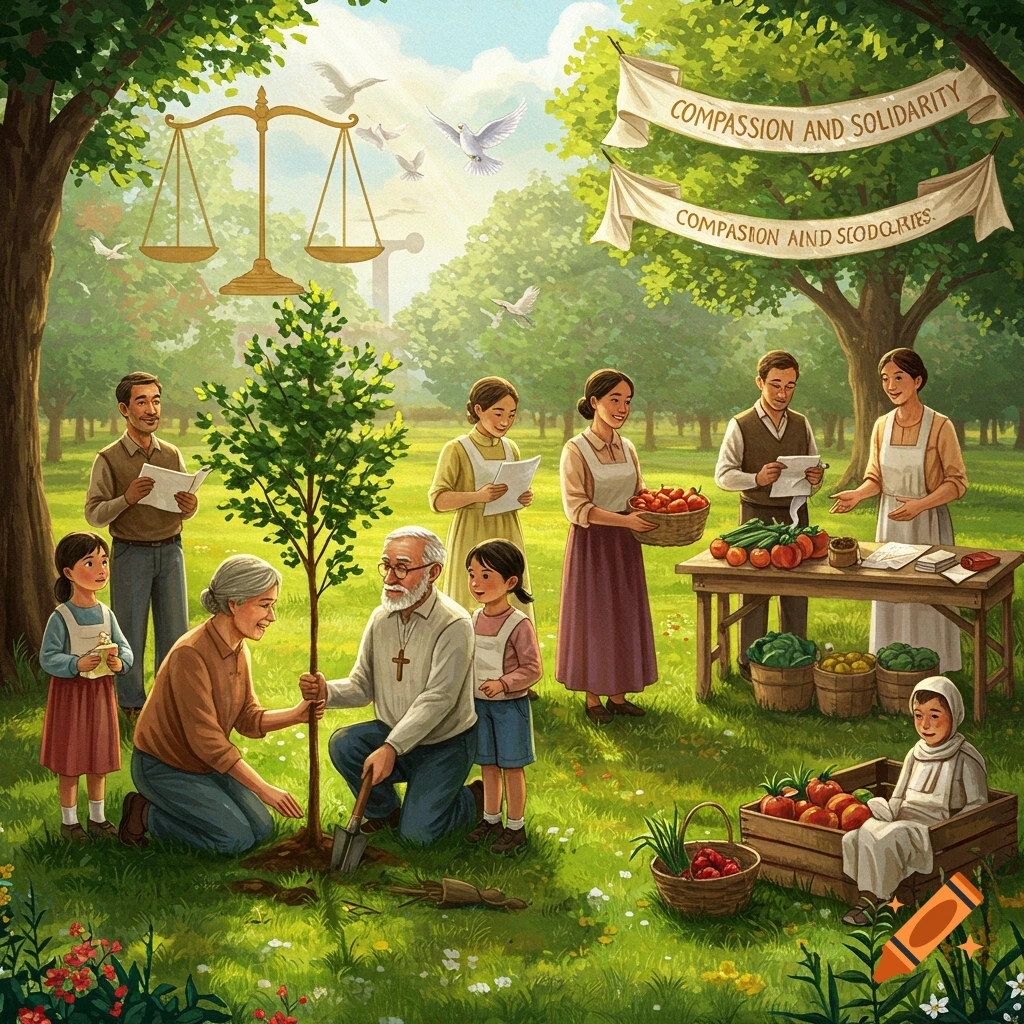 A diverse community plants a tree and sells fresh produce in a sunny park with 'Compassion and Solidarity' banners and scales of justice.