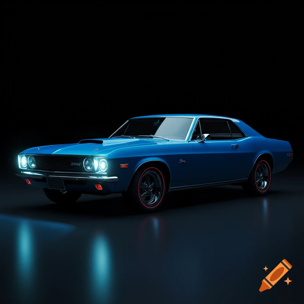 A photorealistic blue classic car with glowing headlights on a dark background.