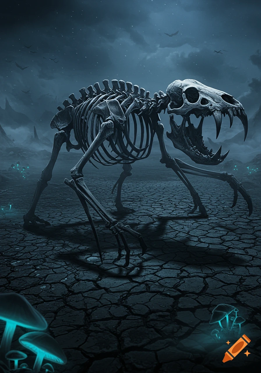 A large, fanged skeletal creature stands on cracked earth with glowing blue mushrooms under a dark, cloudy sky in a dark fantasy art style.