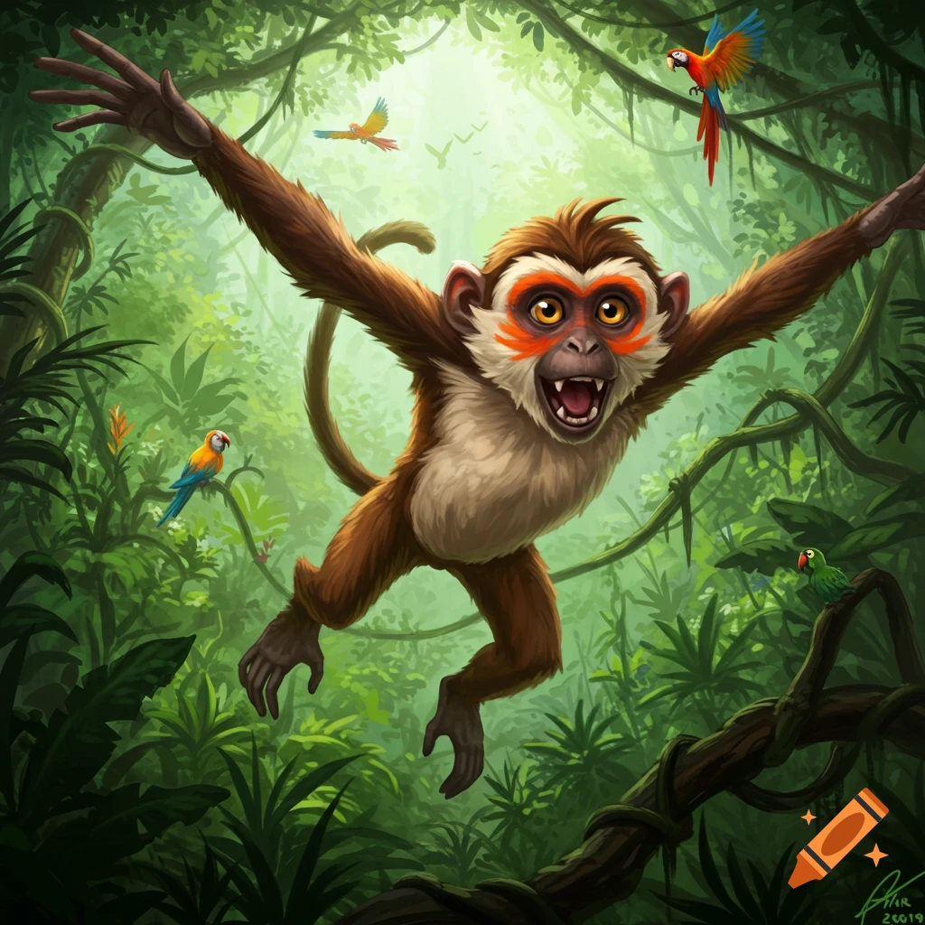 A cartoon monkey with orange markings swings through a lush green jungle, surrounded by colorful parrots and vines.