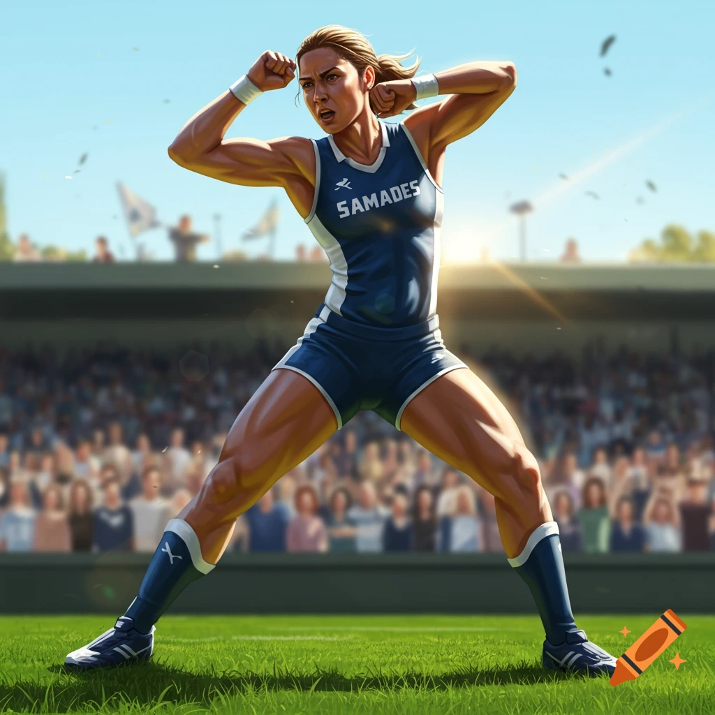 A muscular professional sports woman in a blue and white athletic uniform poses with fists raised on a green field in a stadium, sunny day.