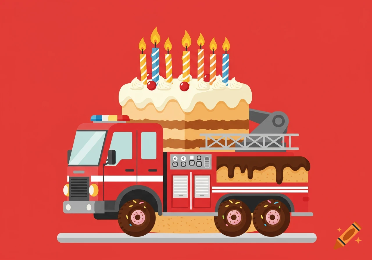 A cartoon red fire truck designed as a layered birthday cake with lit candles, frosting, and donut wheels, against a red background.