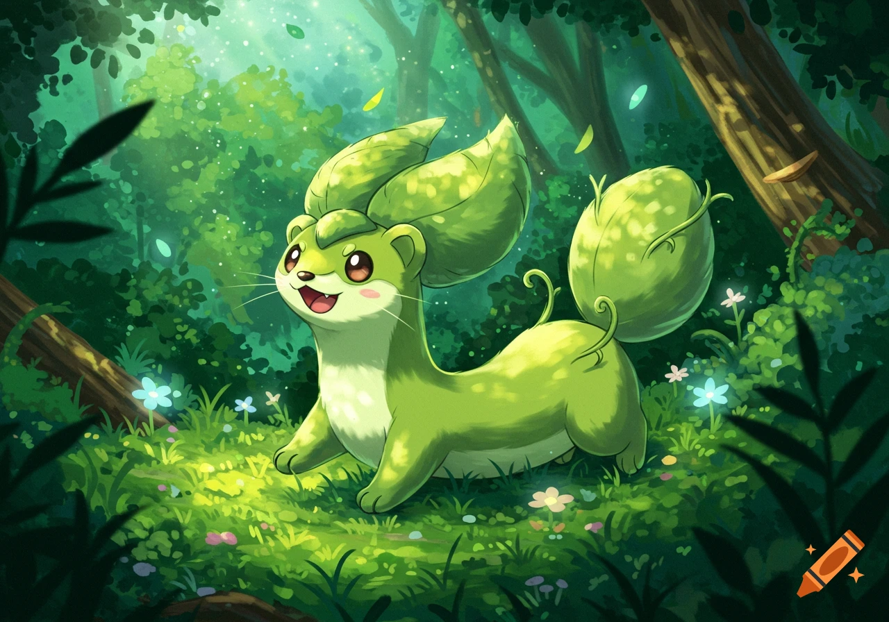 A cute green weasel-like creature with leaf-like ears and tail, smiling in a magical forest, in Pokemon style.