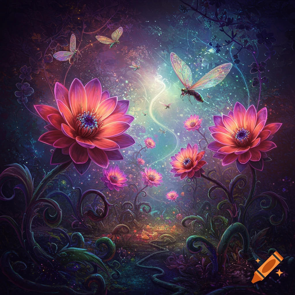 Vibrant glowing pink and orange fantasy flowers in a mystical, dark garden with luminous butterflies and sparkling light effects.