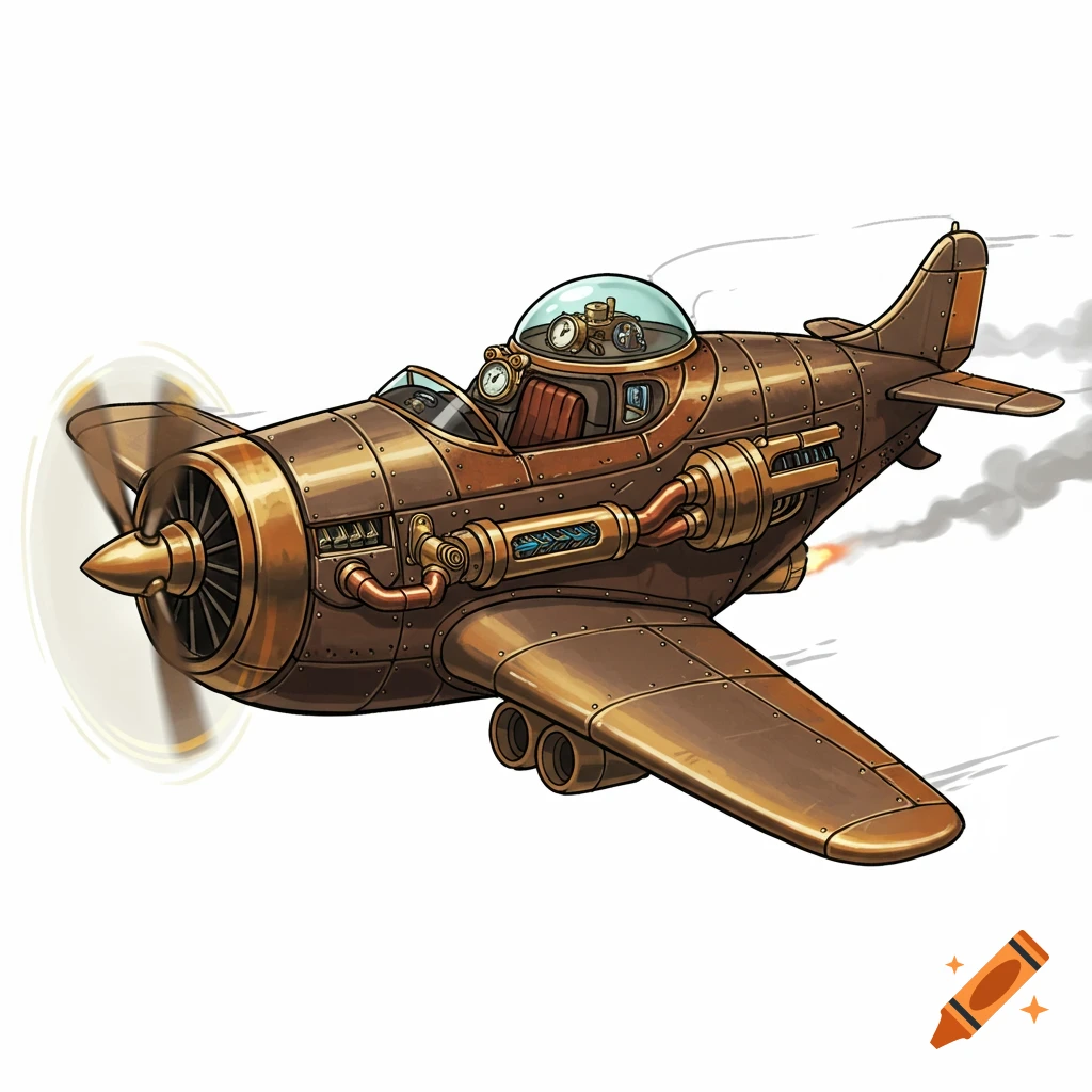 Detailed steampunk aircraft in side-view with brass and copper pipes, exposed gears, a propeller, and a glass dome cockpit.