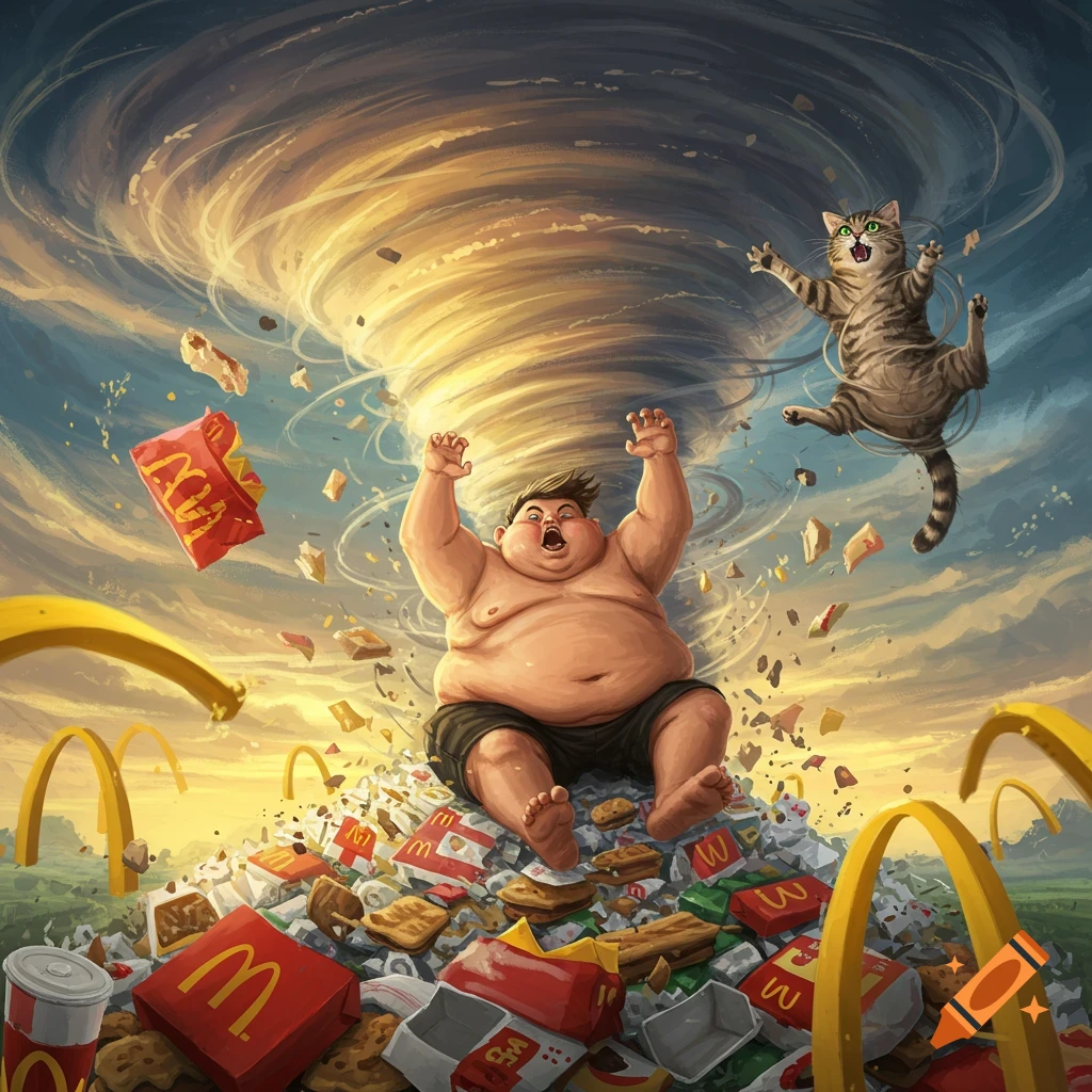 A cartoonishly fat person sits on a pile of McDonald's trash and food as a tornado of more fast food debris and a scared cat swirls above, with golden arches in the background.