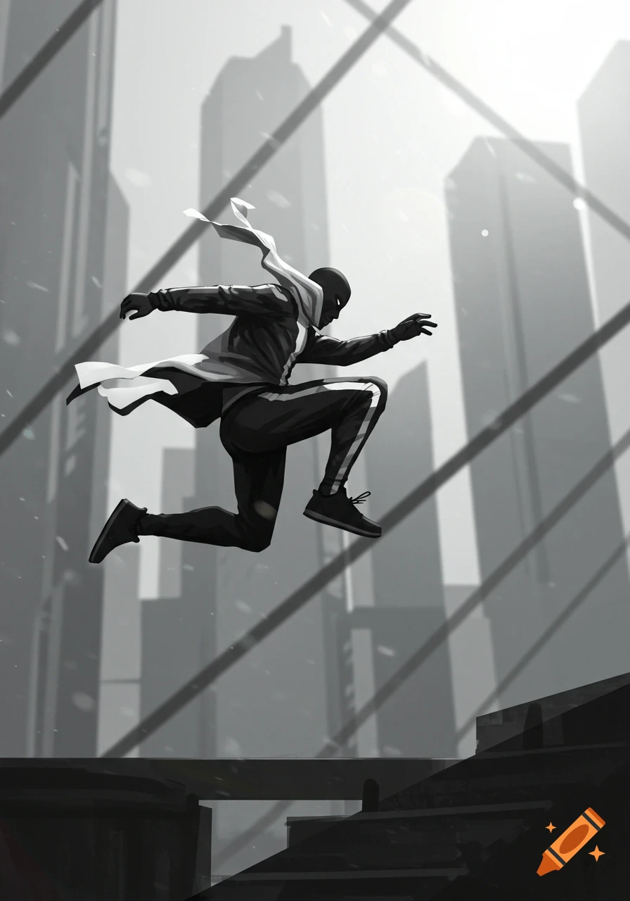 Stylized grayscale illustration of a masked figure in a coat and athletic wear jumping in an urban cityscape.