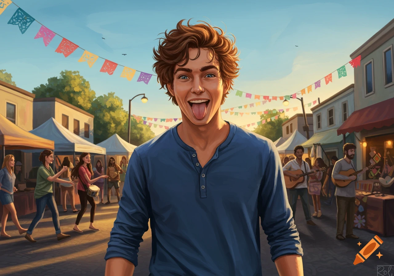 A young man with curly brown hair and blue eyes sticks out his tongue and smiles at a lively outdoor market festival.