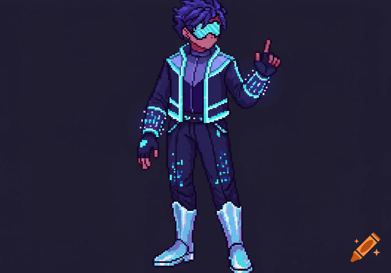 Pixel art character in a dark futuristic outfit with neon blue accents and goggles, standing and pointing a finger.