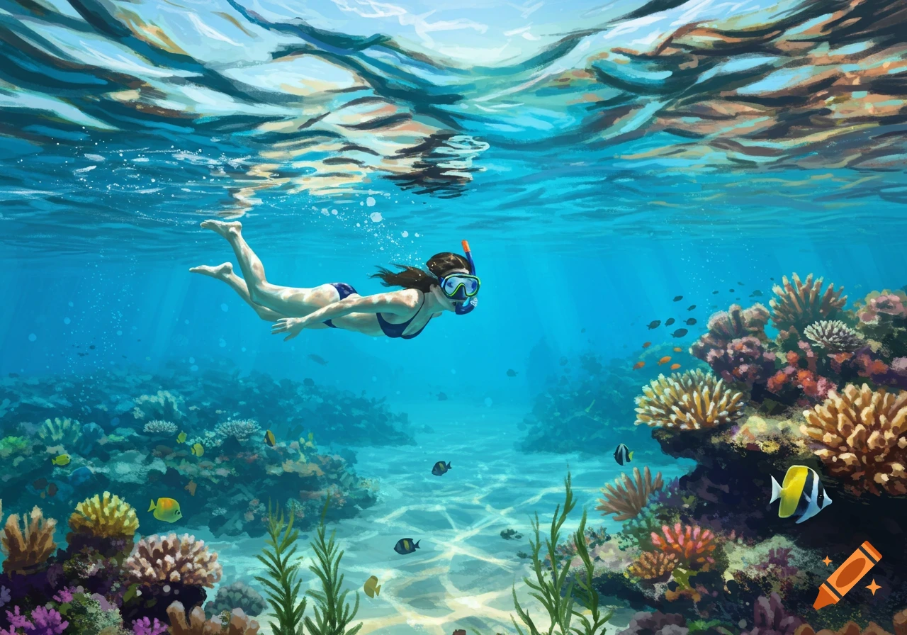 A woman in a blue bikini and snorkel mask swims over a vibrant coral reef with colorful fish in clear blue water.