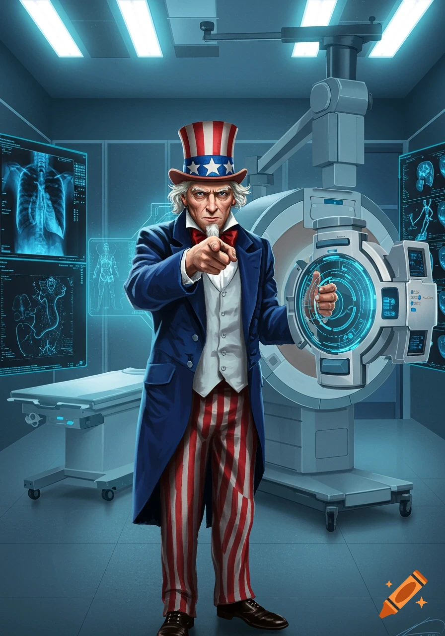 Uncle Sam in a patriotic suit and top hat stands in a radiology room, pointing at the viewer and holding a glowing medical device. Digital art.