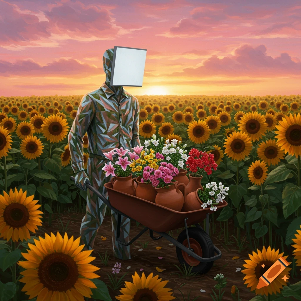 Surreal painting of a man with a blank screen head, pushing a wheelbarrow of potted flowers through a sunflower field at sunset.