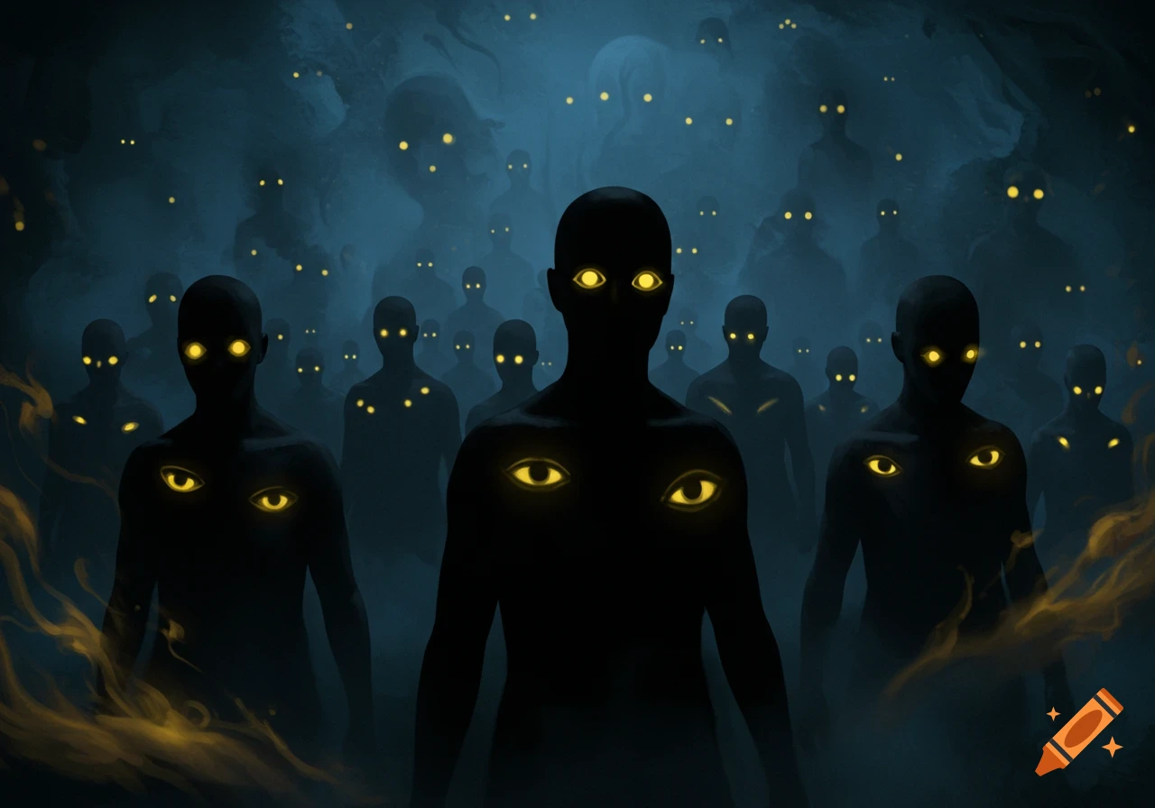 A dark, eerie painting of shadowy figures with glowing yellow eyes, some with multiple eyes on their bodies, emerging from mist.