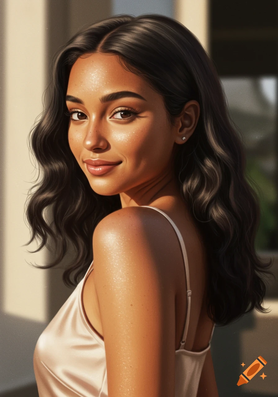 Photorealistic portrait of a young woman with dark wavy hair and olive skin, smiling softly while looking over her shoulder in a satin camisole.