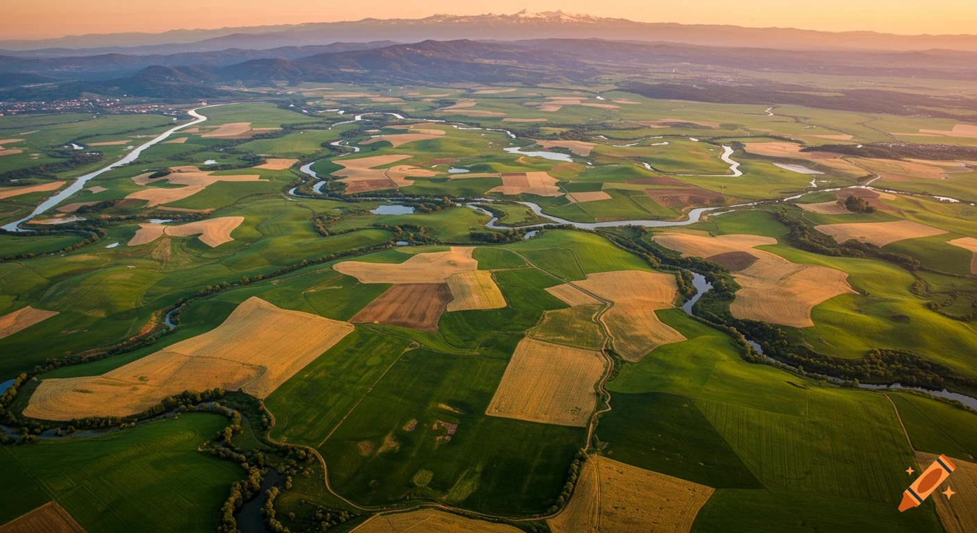 Aerial view of winding rivers through green and golden agricultural fields with distant mountains under a warm sky.