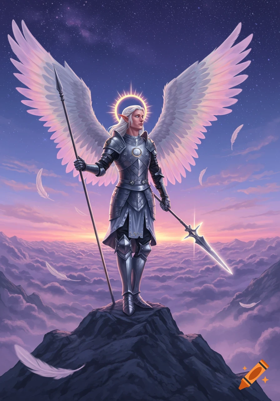 An armored, white-haired angelic warrior with large wings and a halo stands on a mountain peak at pastel sunrise, holding two spears.