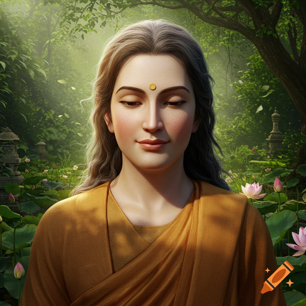 Photorealistic image of a serene young Siddhartha Gautama meditating with closed eyes in a lush green forest with pink lotus flowers.