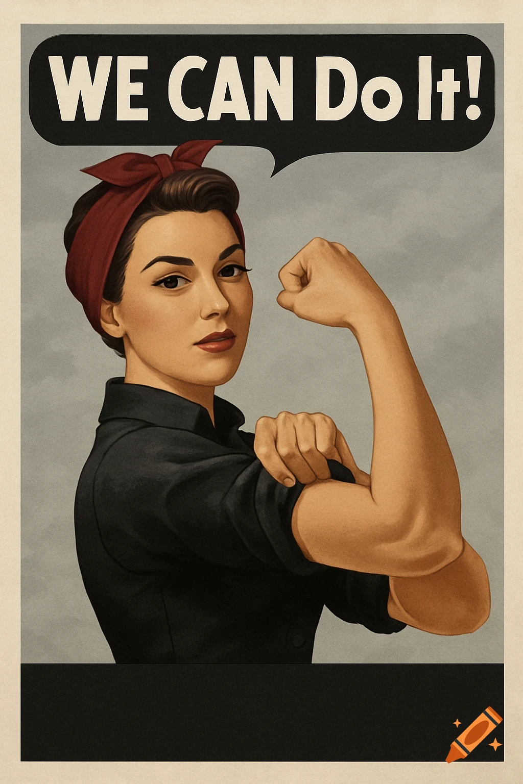 A vintage-style poster depicting a woman in a red bandana and black shirt flexing her bicep, with a speech bubble saying 'WE CAN Do It!'.