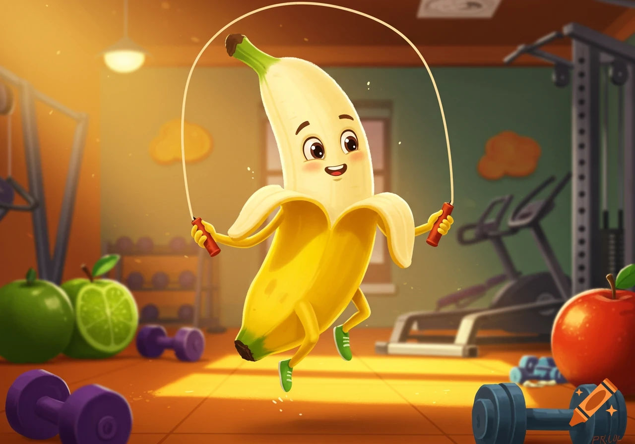 A happy cartoon banana with peeled skin and sneakers skips rope in a gym surrounded by dumbbells and fruit.