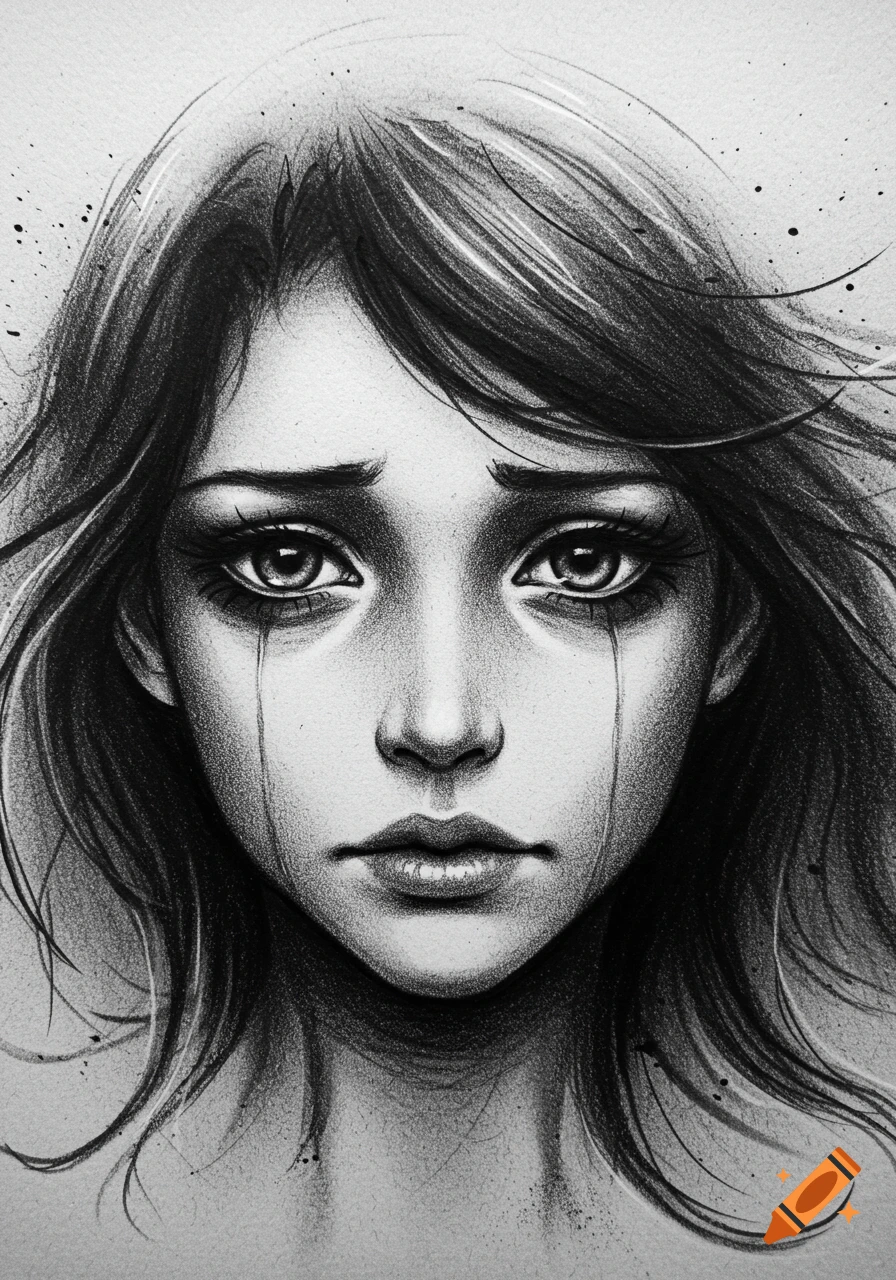 A black and white charcoal sketch of a melancholic woman with long, flowing hair, tears streaming from expressive eyes.