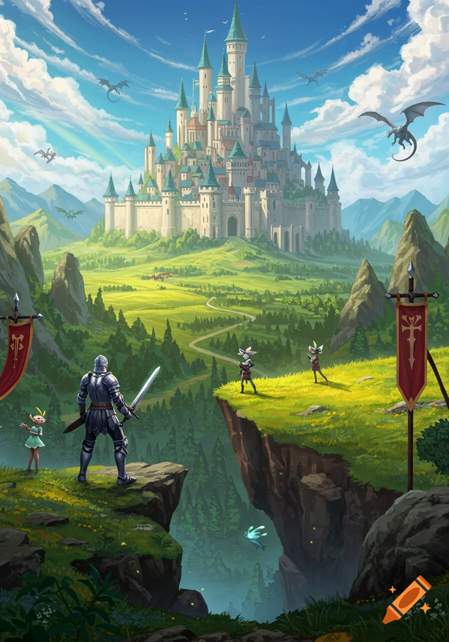 A knight stands on a cliff, facing a majestic castle in a green valley with dragons flying overhead, in a fantasy illustration style.