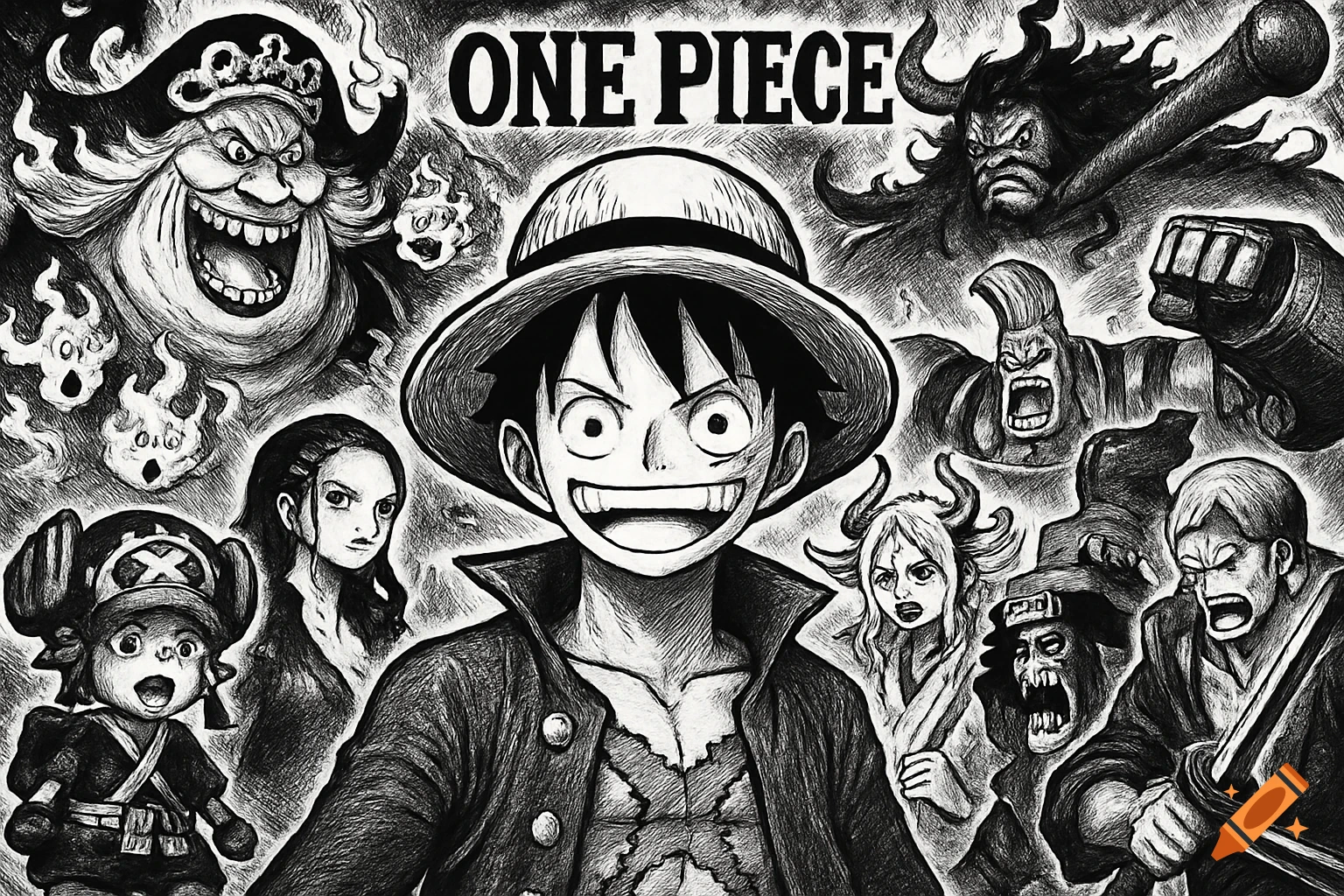 Black and white manga illustration of Monkey D. Luffy surrounded by various One Piece characters with the title 'ONE PIECE' at the top.
